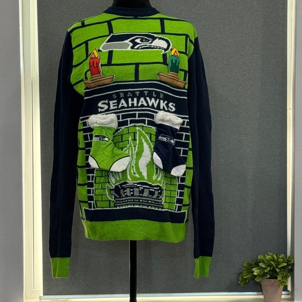 NFL Seattle Seahawks Festive Green and Blue Crewneck Sweater